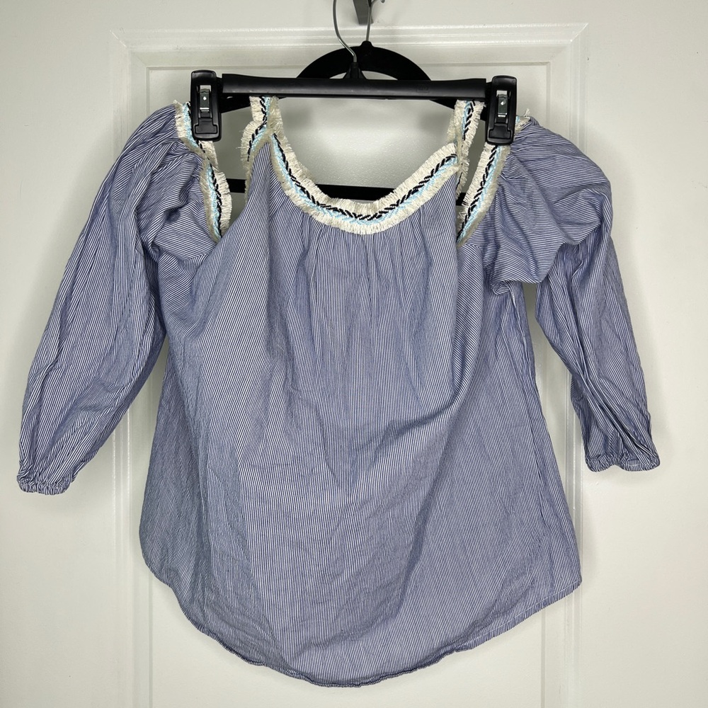 Living Doll Off-the-Shoulder Top Size‎ 1 Blue White Stripe Fringe Trim Cotton